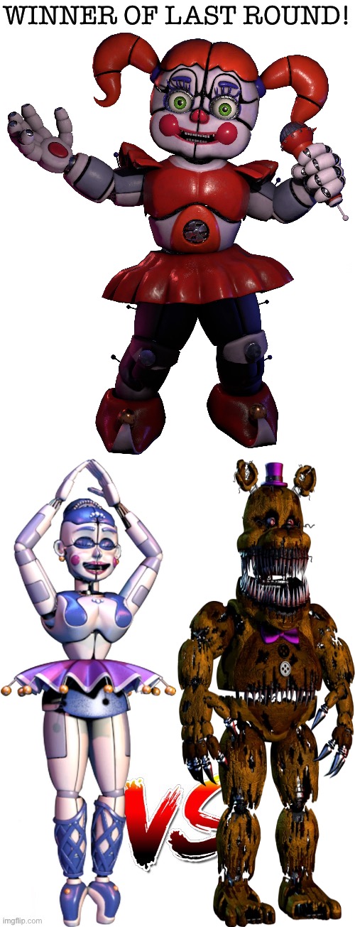 Circus Baby wins! Next is Ballora and Nightmare Fredbear! | image tagged in fnaf,jumpscare,tournament | made w/ Imgflip meme maker