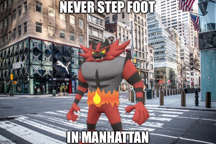 Said this after hitting the dirtiest combo known to man | NEVER STEP FOOT; IN MANHATTAN | image tagged in manhattan,incineroar,pokemon,super smash bros,nintendo,dirty combo | made w/ Imgflip meme maker