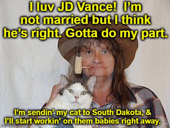 JD Vance's Cat Lady | I luv JD Vance!  I’m not married but I think he’s right. Gotta do my part. I’m sendin’ my cat to South Dakota, & I’ll start workin’ on them babies right away. | image tagged in maga,nevertrump meme,basket of deplorables,gop,presidential election,hillbillies | made w/ Imgflip meme maker