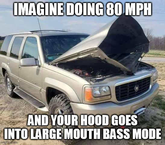 Going 80MPH Car Goes Into Large Mouth Bass Mode | IMAGINE DOING 80 MPH; AND YOUR HOOD GOES INTO LARGE MOUTH BASS MODE | image tagged in bass mouth mode suv | made w/ Imgflip meme maker