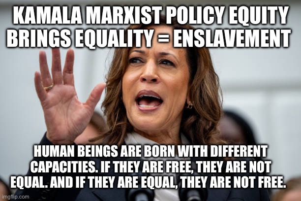 Kamala | KAMALA MARXIST POLICY EQUITY BRINGS EQUALITY = ENSLAVEMENT; HUMAN BEINGS ARE BORN WITH DIFFERENT CAPACITIES. IF THEY ARE FREE, THEY ARE NOT EQUAL. AND IF THEY ARE EQUAL, THEY ARE NOT FREE.  SOLZHENITSYN | image tagged in kamala | made w/ Imgflip meme maker