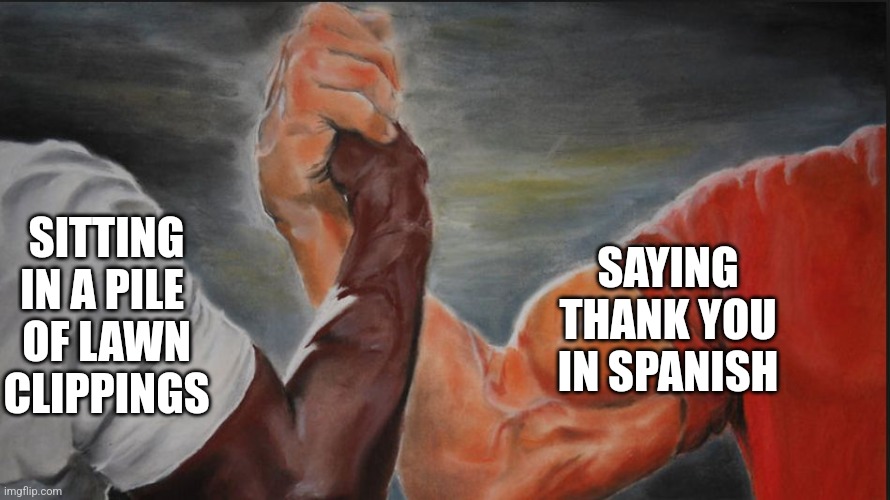 Black White Arms | SITTING IN A PILE 
OF LAWN CLIPPINGS; SAYING THANK YOU IN SPANISH | image tagged in black white arms | made w/ Imgflip meme maker