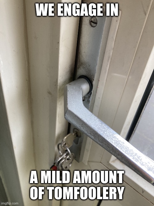 Locked | WE ENGAGE IN; A MILD AMOUNT OF TOMFOOLERY | image tagged in keys in the door | made w/ Imgflip meme maker