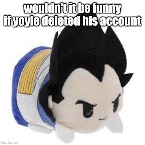 vegeta plush | wouldn't it be funny if yoyle deleted his account | image tagged in vegeta plush | made w/ Imgflip meme maker