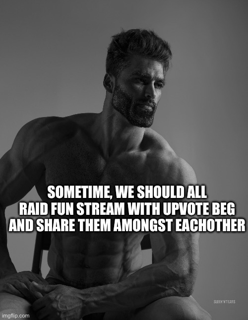 Giga Chad | SOMETIME, WE SHOULD ALL RAID FUN STREAM WITH UPVOTE BEG AND SHARE THEM AMONGST EACHOTHER | image tagged in giga chad | made w/ Imgflip meme maker