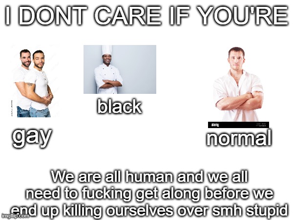 I DONT CARE IF YOU'RE; gay; black; normal; We are all human and we all need to fucking get along before we end up killing ourselves over smh stupid | made w/ Imgflip meme maker