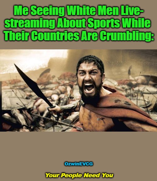 Your People Need You | Me Seeing White Men Live-

streaming About Sports While 

Their Countries Are Crumbling:; OzwinEVCG; Your People Need You | image tagged in memes,sparta leonidas,priorities,clown world,war on whites,struggle | made w/ Imgflip meme maker