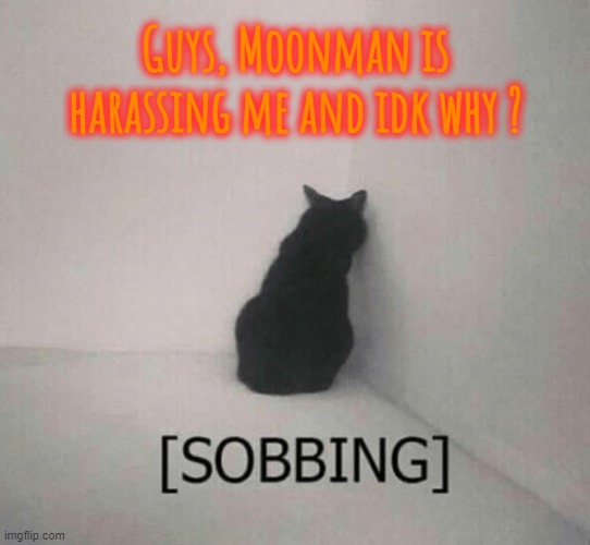 He's just being really hateful again for no reason. | Guys, Moonman is harassing me and idk why ? | image tagged in sobbing cat,but why bro | made w/ Imgflip meme maker