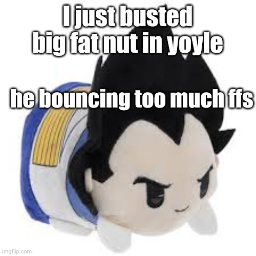 vegeta plush | I just busted big fat nut in yoyle; he bouncing too much ffs | image tagged in vegeta plush | made w/ Imgflip meme maker