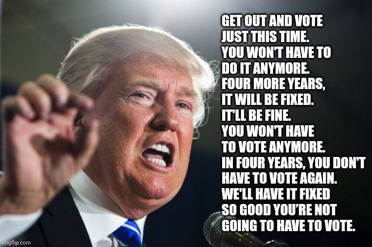 The fascist says it out loud | GET OUT AND VOTE
JUST THIS TIME.
YOU WON'T HAVE TO
DO IT ANYMORE.
FOUR MORE YEARS,
IT WILL BE FIXED. 
IT'LL BE FINE. 
YOU WON'T HAVE 
TO VOTE ANYMORE.
IN FOUR YEARS, YOU DON'T 
HAVE TO VOTE AGAIN.
WE'LL HAVE IT FIXED 
SO GOOD YOU’RE NOT
GOING TO HAVE TO VOTE. | image tagged in donald trump,fascism,end of democracy,republicans are traitors,treason,traitors | made w/ Imgflip meme maker