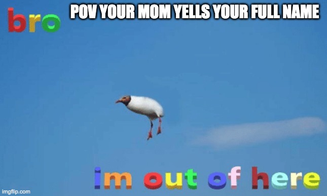 bro im out of here | POV YOUR MOM YELLS YOUR FULL NAME | image tagged in bro im out of here | made w/ Imgflip meme maker