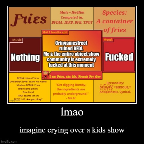 lmao | imagine crying over a kids show | image tagged in funny,demotivationals | made w/ Imgflip demotivational maker