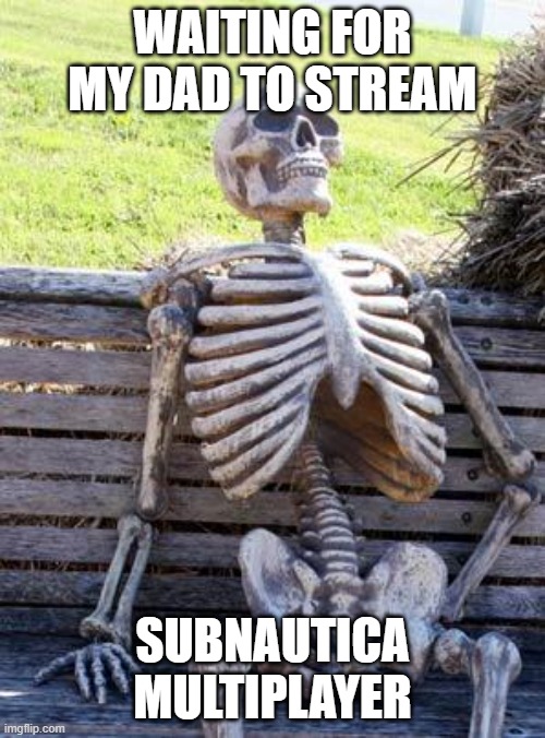 Waiting Skeleton | WAITING FOR MY DAD TO STREAM; SUBNAUTICA MULTIPLAYER | image tagged in memes,waiting skeleton,funny,subnautica multiplayer | made w/ Imgflip meme maker