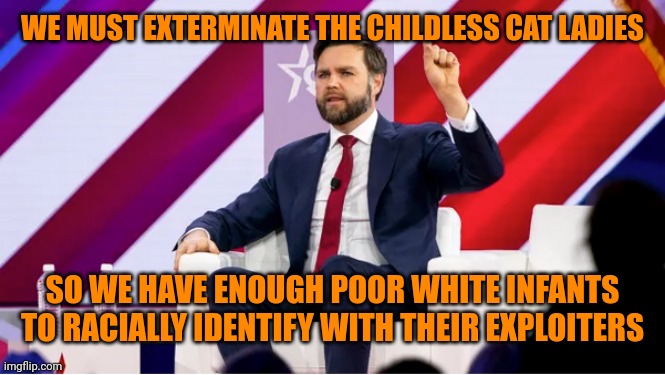 The far right just gets sicker and sicker. | WE MUST EXTERMINATE THE CHILDLESS CAT LADIES; SO WE HAVE ENOUGH POOR WHITE INFANTS TO RACIALLY IDENTIFY WITH THEIR EXPLOITERS | image tagged in jd vance,cats,family values,racism,hard work,finance capitalism | made w/ Imgflip meme maker