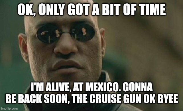 Matrix Morpheus | OK, ONLY GOT A BIT OF TIME; I'M ALIVE, AT MEXICO. GONNA BE BACK SOON, THE CRUISE GUN OK BYEE | image tagged in memes,matrix morpheus | made w/ Imgflip meme maker