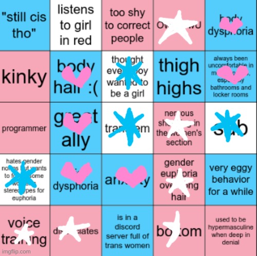 Transfem Bingo | image tagged in transfem bingo | made w/ Imgflip meme maker