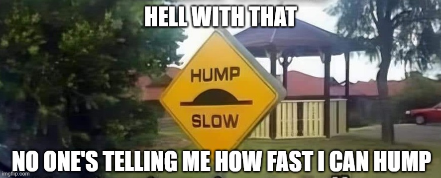 Hump | HELL WITH THAT; NO ONE'S TELLING ME HOW FAST I CAN HUMP | image tagged in sex jokes | made w/ Imgflip meme maker