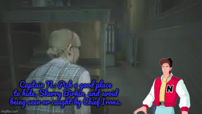 Captain N Game Tip #1 - Resident Evil 2 | Captain N: Pick a good place to hide, Sherry Birkin, and avoid being seen or caught by Chief Irons. | image tagged in playstation,resident evil,80s,animated,capcom,zombies | made w/ Imgflip meme maker