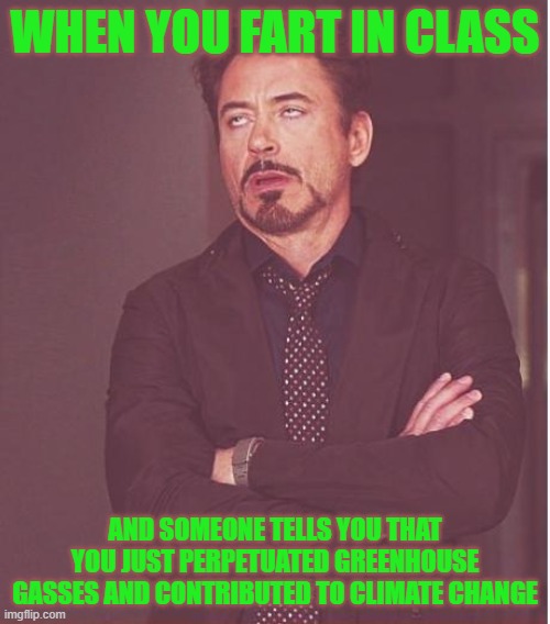 When the climate cult goes too far | WHEN YOU FART IN CLASS; AND SOMEONE TELLS YOU THAT YOU JUST PERPETUATED GREENHOUSE GASSES AND CONTRIBUTED TO CLIMATE CHANGE | image tagged in memes,face you make robert downey jr,hold fart,stinky | made w/ Imgflip meme maker