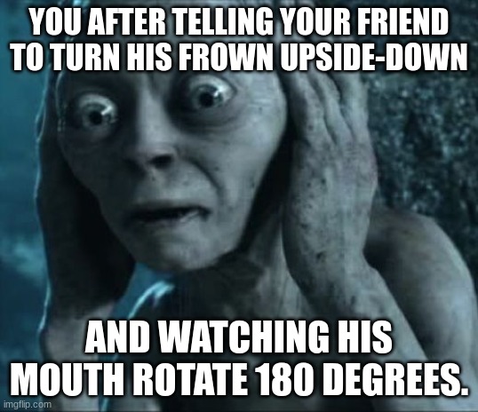 turn your frown upside-down:D | YOU AFTER TELLING YOUR FRIEND TO TURN HIS FROWN UPSIDE-DOWN; AND WATCHING HIS MOUTH ROTATE 180 DEGREES. | image tagged in golumn not listening,smile,lord of the rings,scared,funny,golumn | made w/ Imgflip meme maker