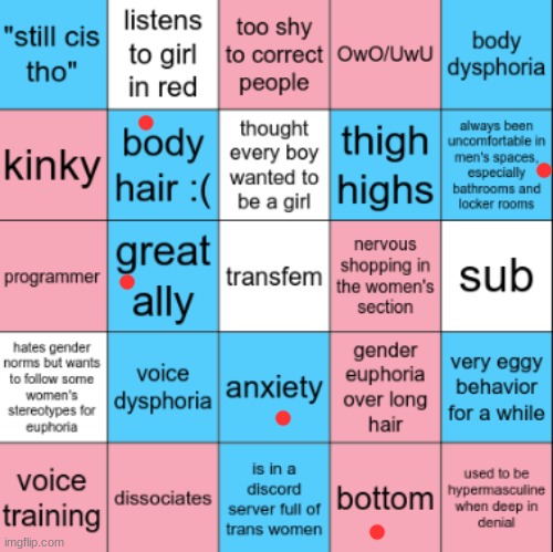 I'm actually a cis woman..... | image tagged in transfem bingo | made w/ Imgflip meme maker