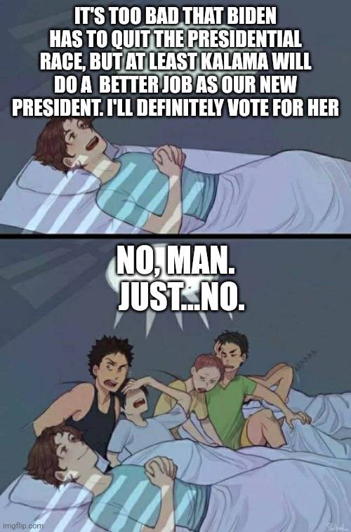 Definition of Insanity | IT'S TOO BAD THAT BIDEN HAS TO QUIT THE PRESIDENTIAL RACE, BUT AT LEAST KALAMA WILL DO A  BETTER JOB AS OUR NEW PRESIDENT. I'LL DEFINITELY VOTE FOR HER; NO, MAN.   JUST...NO. | image tagged in sleepover stop,politics,memes | made w/ Imgflip meme maker