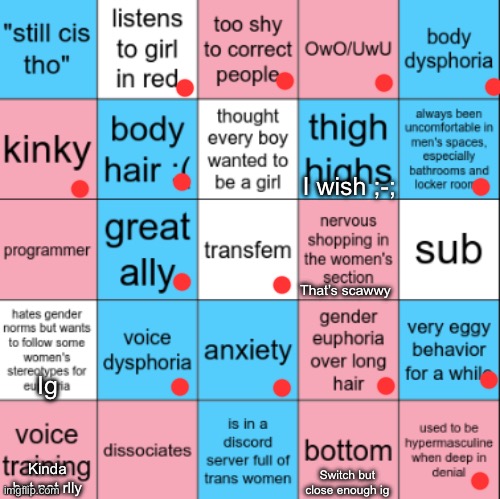 I like to yap a little bit | I wish ;-;; That’s scawwy; Ig; Switch but close enough ig; Kinda but not rlly | image tagged in transfem bingo | made w/ Imgflip meme maker
