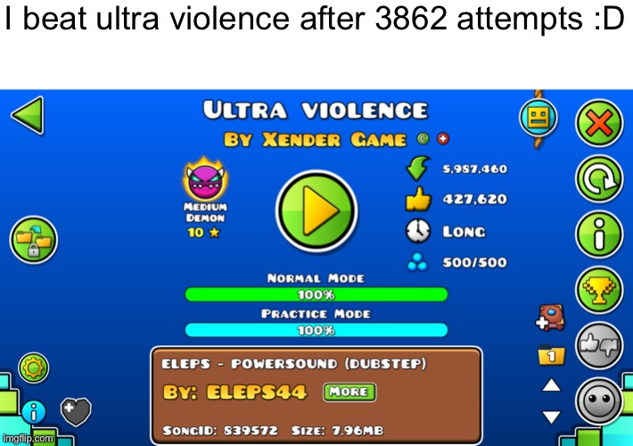 yippee | I beat ultra violence after 3862 attempts :D | image tagged in dive | made w/ Imgflip meme maker