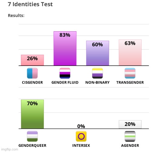 7 identities test (I figured I’d do the test too. The results are pretty much what I expected.) | image tagged in lgbtq,genderfluid,nonbinary,transgender | made w/ Imgflip meme maker