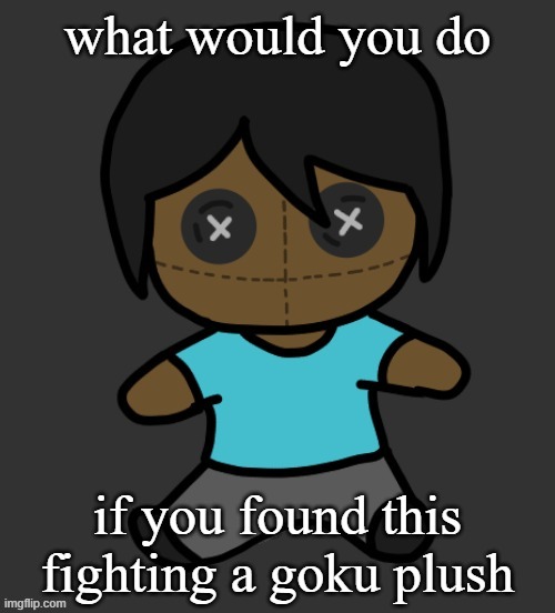 omori addict voodooo doll (ty discoo) | what would you do; if you found this fighting a goku plush | image tagged in omori addict voodooo doll ty discoo | made w/ Imgflip meme maker
