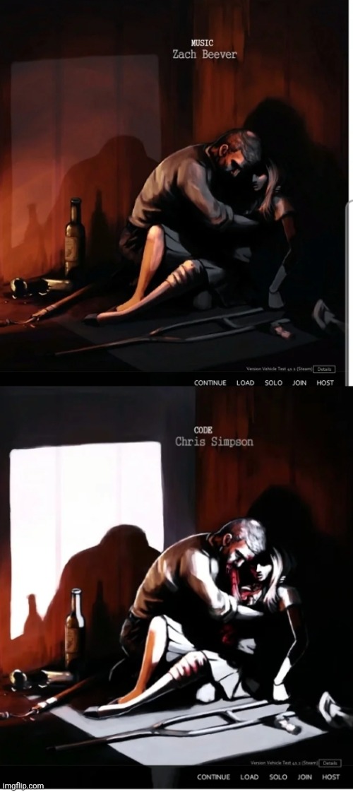 Fun fact about the Project Zomboid menu screen, he isn't comforting her. | made w/ Imgflip meme maker