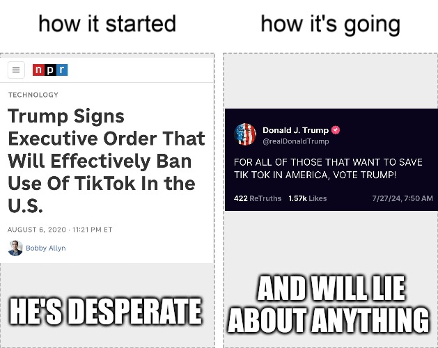 TikTok, Trump! | AND WILL LIE
ABOUT ANYTHING; HE'S DESPERATE | image tagged in how it started vs how it's going | made w/ Imgflip meme maker