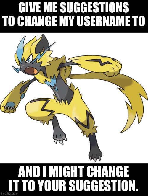 I’ll probably do one of your suggestions. | GIVE ME SUGGESTIONS TO CHANGE MY USERNAME TO; AND I MIGHT CHANGE IT TO YOUR SUGGESTION. | image tagged in zeraora | made w/ Imgflip meme maker