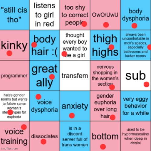 Not transfem but very feminine | image tagged in transfem bingo | made w/ Imgflip meme maker