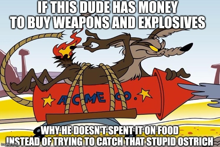 That's a good question | IF THIS DUDE HAS MONEY TO BUY WEAPONS AND EXPLOSIVES; WHY HE DOESN'T SPENT IT ON FOOD INSTEAD OF TRYING TO CATCH THAT STUPID OSTRICH | image tagged in wile e coyote,road runner,looney tunes,warner bros,cartoon logic,memes | made w/ Imgflip meme maker
