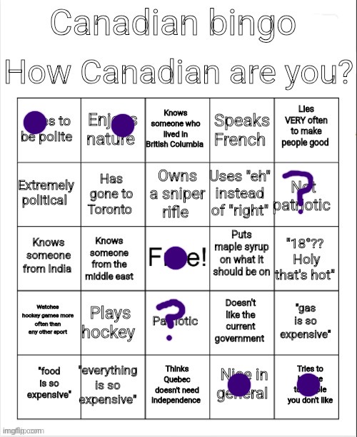 Canadian Bingo | image tagged in canadian bingo | made w/ Imgflip meme maker