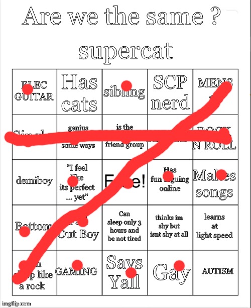 I saw this and new I would have a bunch of spots | image tagged in supercat bingo | made w/ Imgflip meme maker