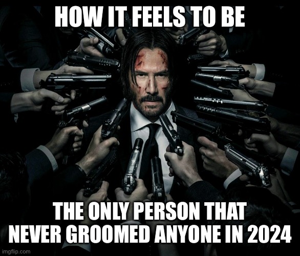 so many pedos its gonna be the new norm | HOW IT FEELS TO BE; THE ONLY PERSON THAT NEVER GROOMED ANYONE IN 2024 | image tagged in john wick 2 | made w/ Imgflip meme maker