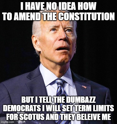 Joe Biden | I HAVE NO IDEA HOW TO AMEND THE CONSTITUTION; BUT I TELL THE DUMBAZZ DEMOCRATS I WILL SET TERM LIMITS FOR SCOTUS AND THEY BELEIVE ME | image tagged in joe biden | made w/ Imgflip meme maker