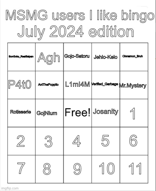 Next 11 to comment get to be in the bingo | July 2024 edition; MSMG users I like bingo; Gojo-Satoru; Agh; SonGoku_RealSaiyan; Jehlo-Kelo; Cinnamon_Bruh; L1mI4M; P4t0; Mr.Mystery; Verified_Garbage; AniThePopplio; Josanity; Rotisserie; 1; GojNium; 2; 3; 6; 5; 4; 8; 11; 7; 9; 10 | image tagged in blank bingo | made w/ Imgflip meme maker