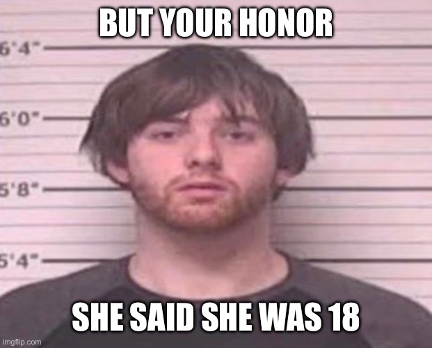 LazyMazy mug shot | BUT YOUR HONOR SHE SAID SHE WAS 18 | image tagged in lazymazy mug shot | made w/ Imgflip meme maker