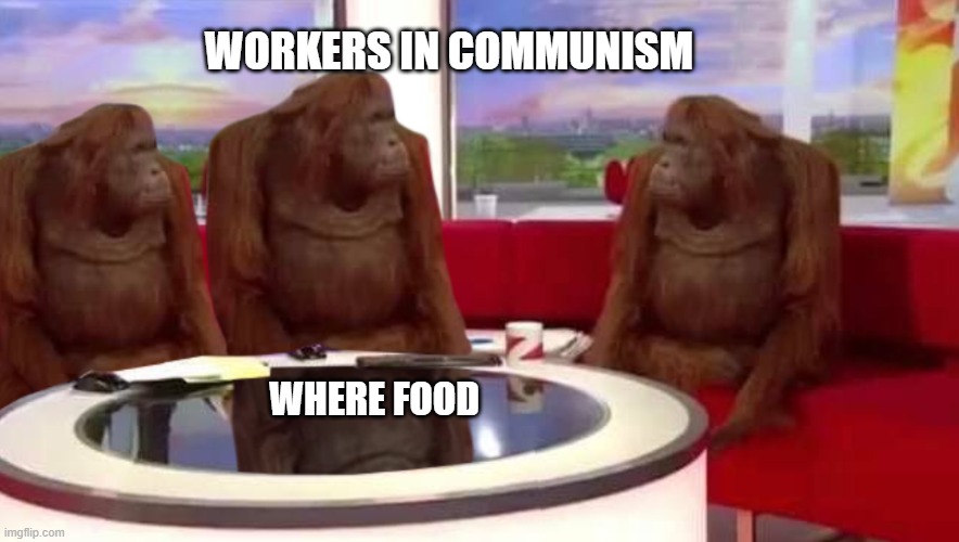 where monkey | WORKERS IN COMMUNISM; WHERE FOOD | image tagged in where monkey | made w/ Imgflip meme maker