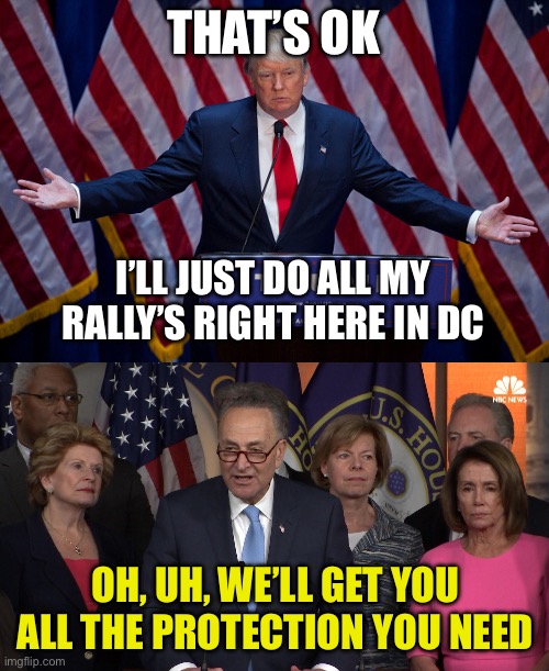 THAT’S OK I’LL JUST DO ALL MY RALLY’S RIGHT HERE IN DC OH, UH, WE’LL GET YOU ALL THE PROTECTION YOU NEED | image tagged in donald trump,democrat congressmen | made w/ Imgflip meme maker