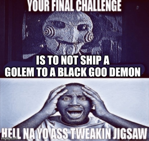 your final challenge | IS TO NOT SHIP A GOLEM TO A BLACK GOO DEMON | image tagged in your final challenge | made w/ Imgflip meme maker