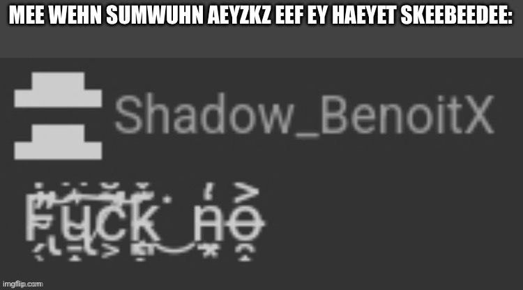 MEE WEHN SUMWUHN AEYZKZ EEF EY HAEYET SKEEBEEDEE: | image tagged in shadow_benoitx saying fuck no in zalgo | made w/ Imgflip meme maker