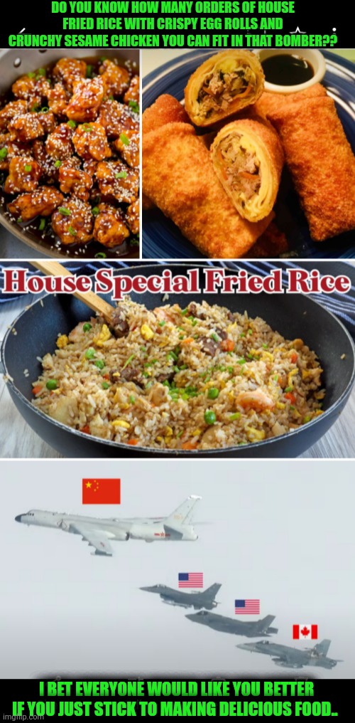 Funny | DO YOU KNOW HOW MANY ORDERS OF HOUSE FRIED RICE WITH CRISPY EGG ROLLS AND CRUNCHY SESAME CHICKEN YOU CAN FIT IN THAT BOMBER?? I BET EVERYONE WOULD LIKE YOU BETTER IF YOU JUST STICK TO MAKING DELICIOUS FOOD.. | image tagged in funny,china,food,alaska,air force,bomber | made w/ Imgflip meme maker