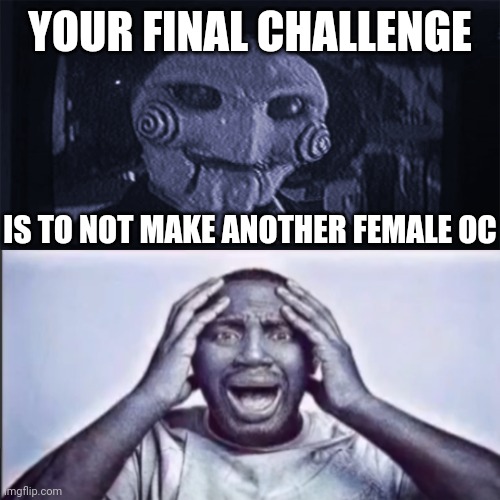 Yo final challenge | YOUR FINAL CHALLENGE; IS TO NOT MAKE ANOTHER FEMALE OC | image tagged in yo final challenge | made w/ Imgflip meme maker