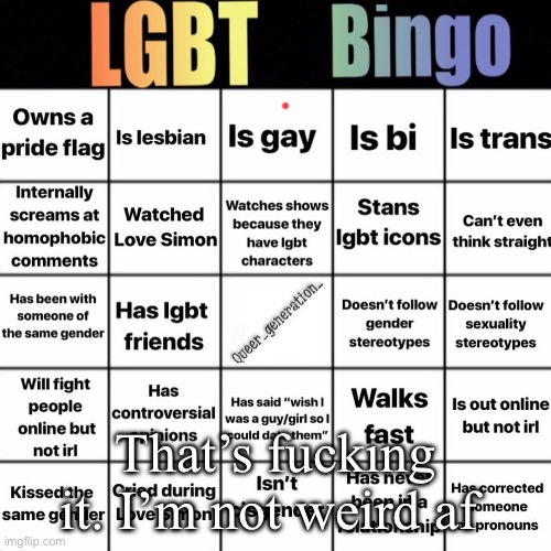 :3 | That’s fucking it. I’m not weird af | image tagged in lgbtq bingo | made w/ Imgflip meme maker