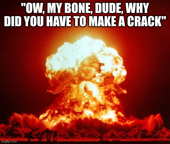 Nuke | "OW, MY BONE, DUDE, WHY DID YOU HAVE TO MAKE A CRACK" | image tagged in nuke | made w/ Imgflip meme maker