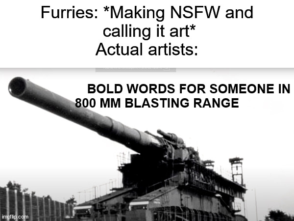 Furries (The not ok kind) Vs actual artists | Furries: *Making NSFW and
 calling it art*

Actual artists:; BOLD WORDS FOR SOMEONE IN
    800 MM BLASTING RANGE | image tagged in anti furry,weapons,germany,ww2 | made w/ Imgflip meme maker